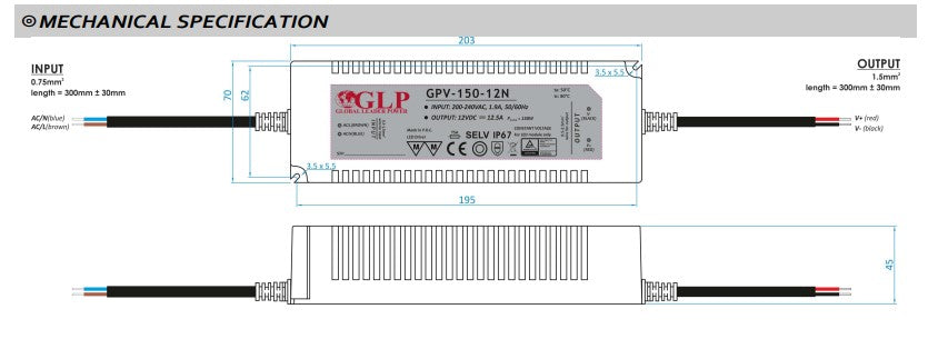 GLP GPV-150-24 144W 24V/6A CV IP67 LED Power Supply - LED Retro