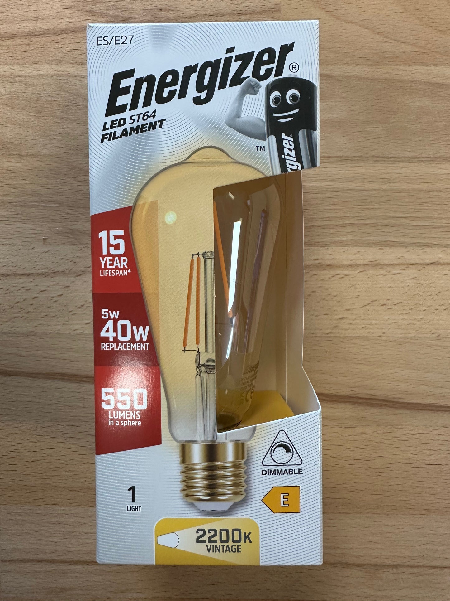 S15026 Energizer LED Filament Gold ST64 ES (E27) 5W 550lm 2200K Dimmable Bulb - LED Retro