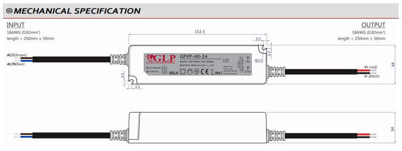 GLP GPVP-40-24 40W 24V/1.7A CV IP67 LED Power Supply - LED Retro