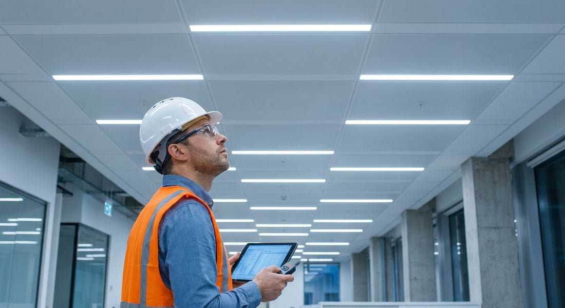 An electrical engineer in a hard hat inspects a modern commercial ceiling fitted with recessed LED lighting while holding a wireless commissioning device.