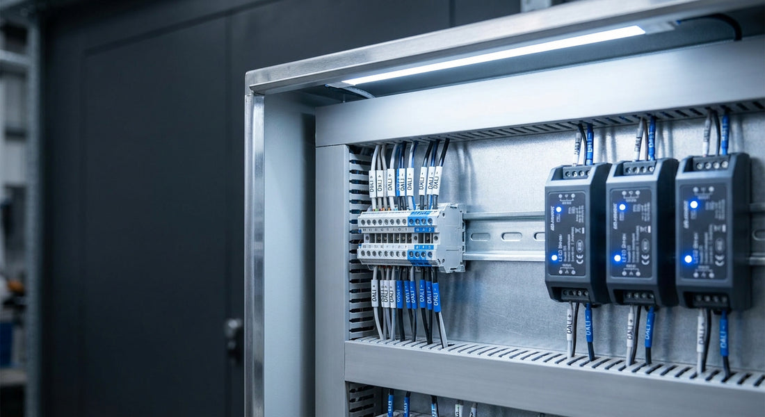 Close-up of a professional DALI lighting control panel with wired bus terminals and LED driver modules mounted on a DIN rail inside a metal enclosure.