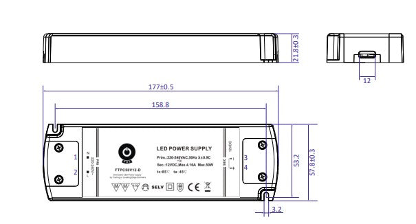 POS Power FTPC50V12-D 50W 12V/4.16A Triac Dimmable LED Power Supply - LED Retro