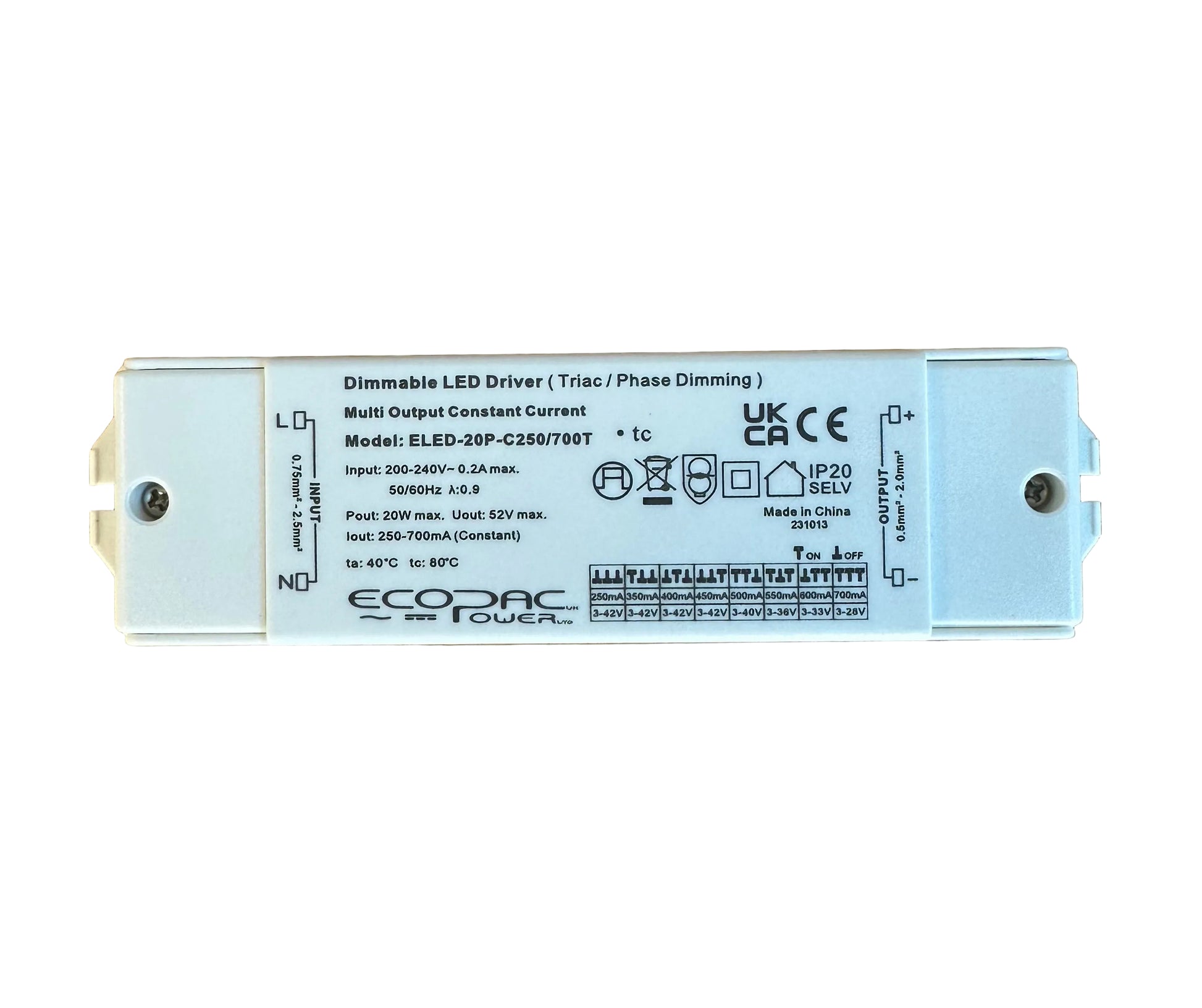 ECOPAC ELED-20P-C250/700T Triac Dimmable LED Driver 20W 250-700mA - LED Retro