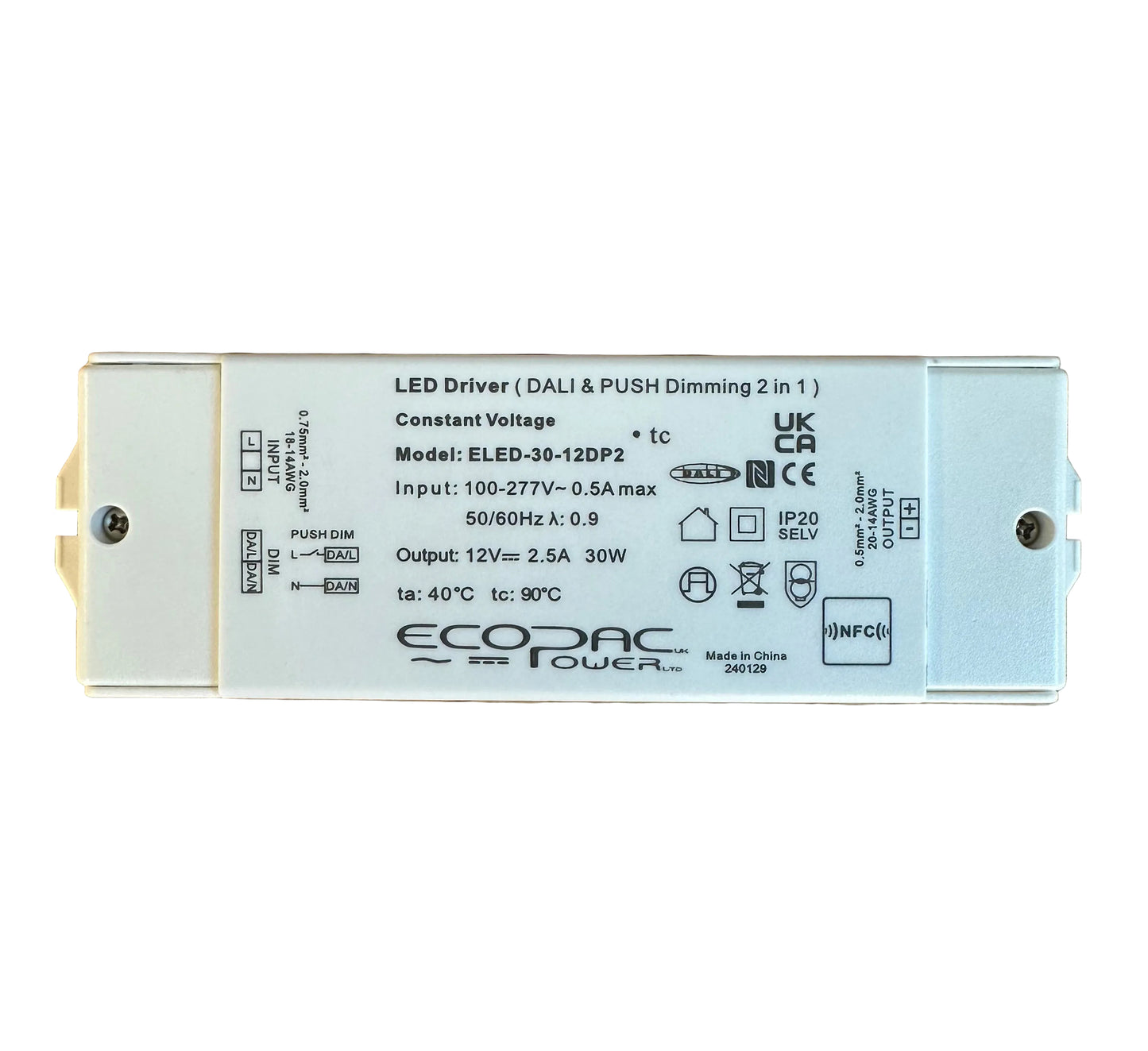 ECOPAC ELED-30-12DP2 30W 12V 2.5A DALI 2 & Push Dimmable LED Driver - LED Retro