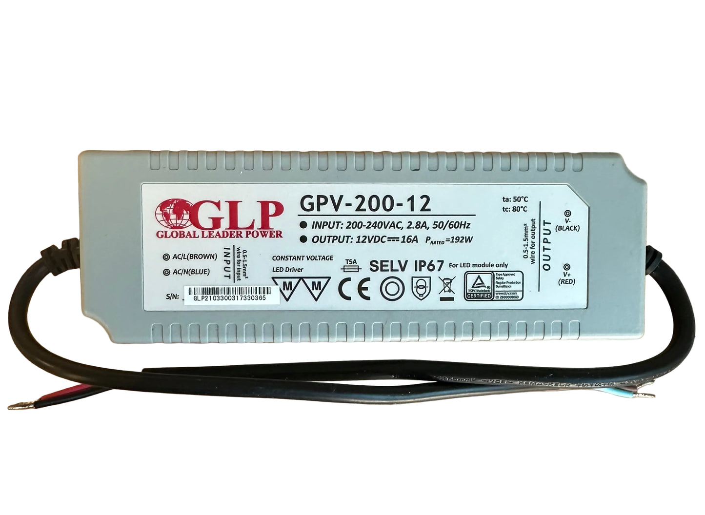 GLP GPV-200-12 192W 12V/16A CV IP67 LED Power Supply - LED Retro