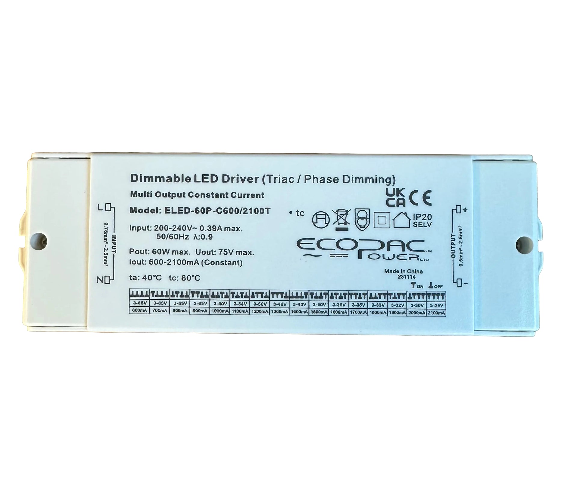 Ecopac ELED-60P-C600/2100T Triac Dimmable Selectable Current LED Driver - LED Retro