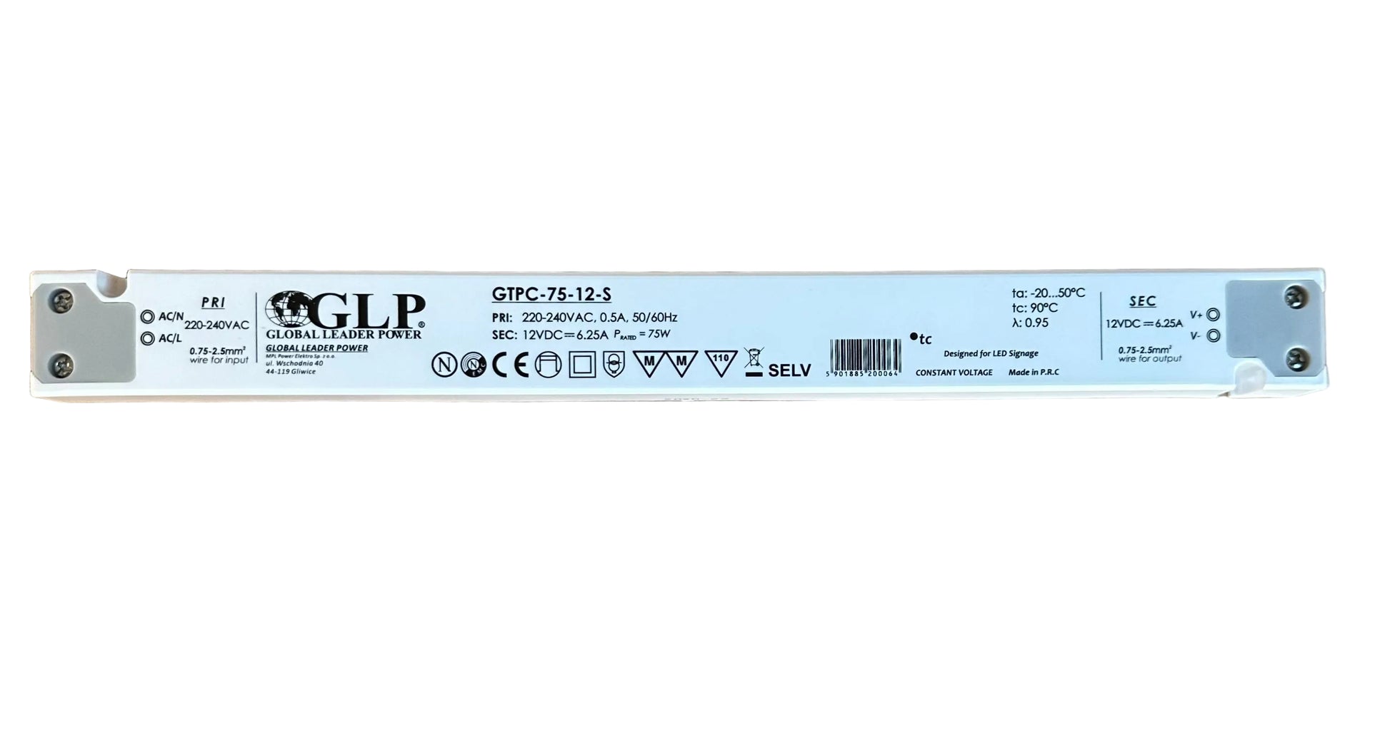 GLP GTPC-75-12-S 75W 12V/6.25A CV IP20 Slim LED Power Supply - LED Retro