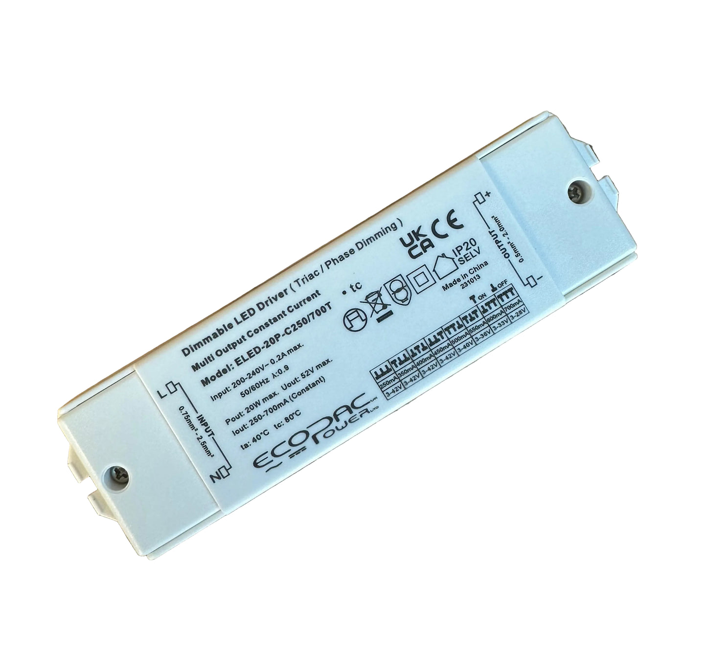 ECOPAC ELED-20P-C250/700T Triac Dimmable LED Driver 20W 250-700mA - LED Retro