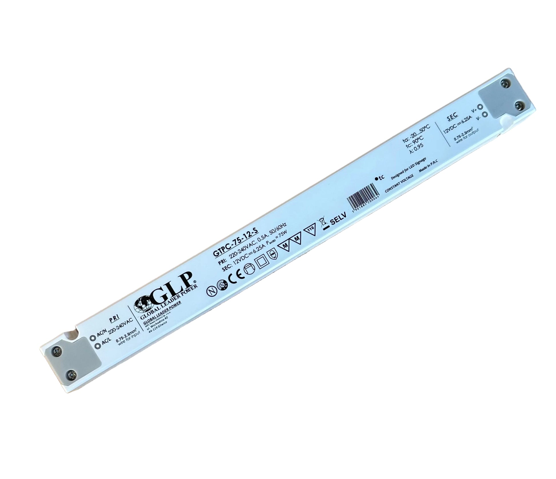 GLP GTPC-75-12-S 75W 12V/6.25A CV IP20 Slim LED Power Supply - LED Retro