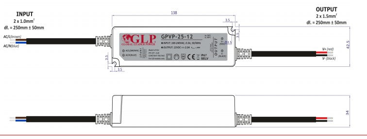 GLP GPVP-25-24 25W 24V/1A CV IP67 LED Power Supply - LED Retro