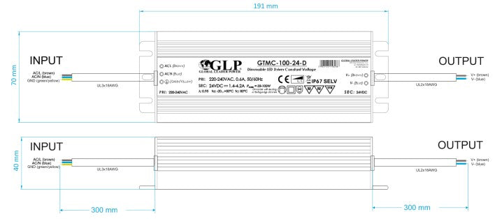 GLP GTMC-100-24-D 100W 4.2A 24V IP67 Triac Dimmable LED Power Supply - LED Retro