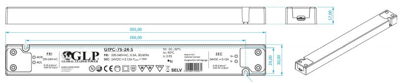 GLP GTPC-75-12-S 75W 12V/6.25A CV IP20 Slim LED Power Supply -LED Retro