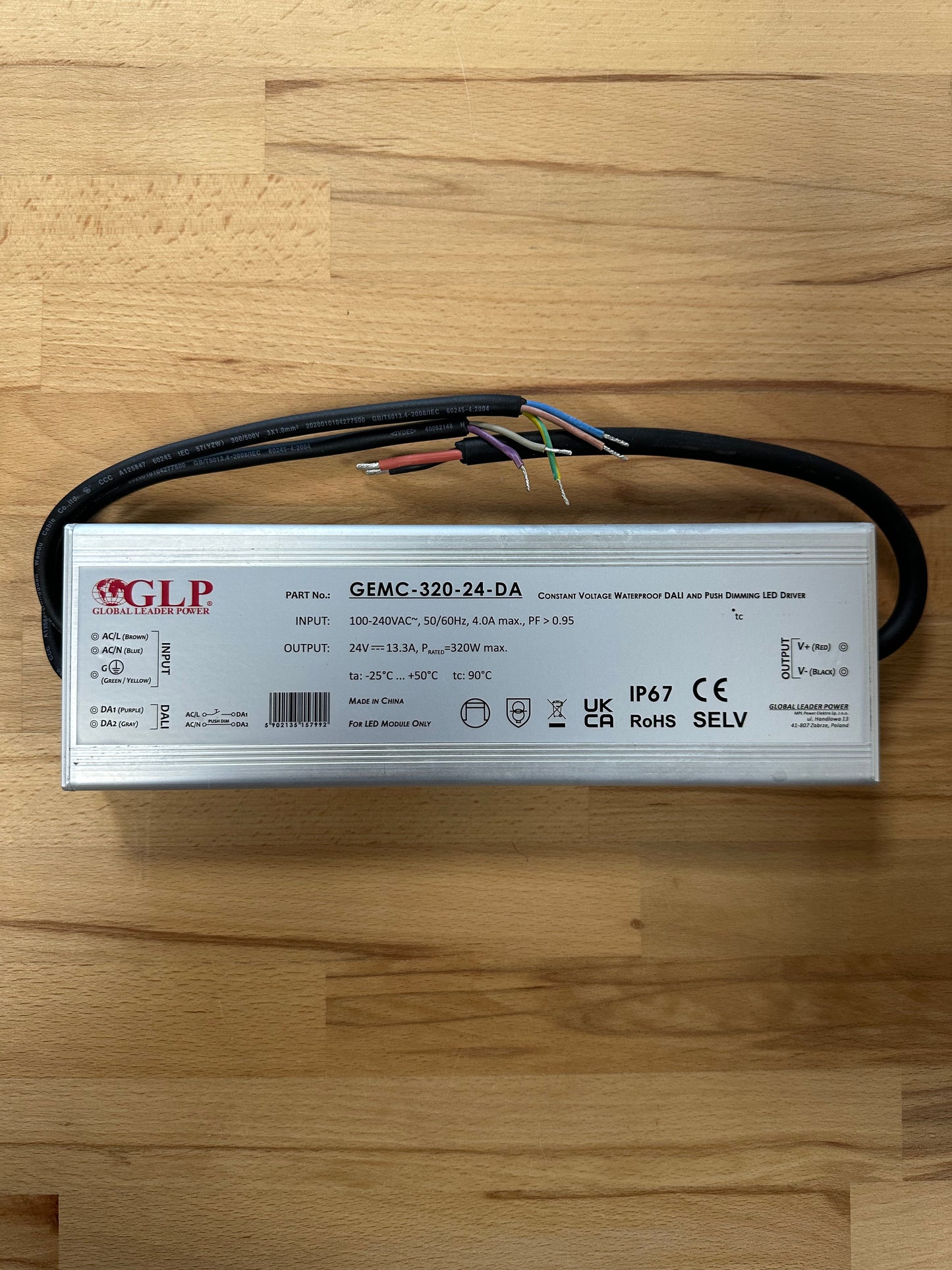 GEMC-320-24-DA 320W 24V 13.3A IP67 DALI2 - Push Dim Dimmable LED Driver - LED Retro