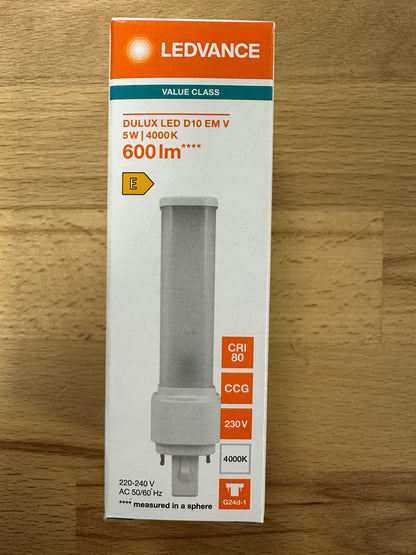 4058075823075 = DULUX LED D10 EM & AC MAINS VALUE 5W 840 G24d-1 600lm - LED Retro