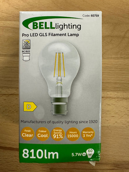 BELL LED 5.7W Clear Filament GLS - BC - 4000K - 60759 - LED Spares