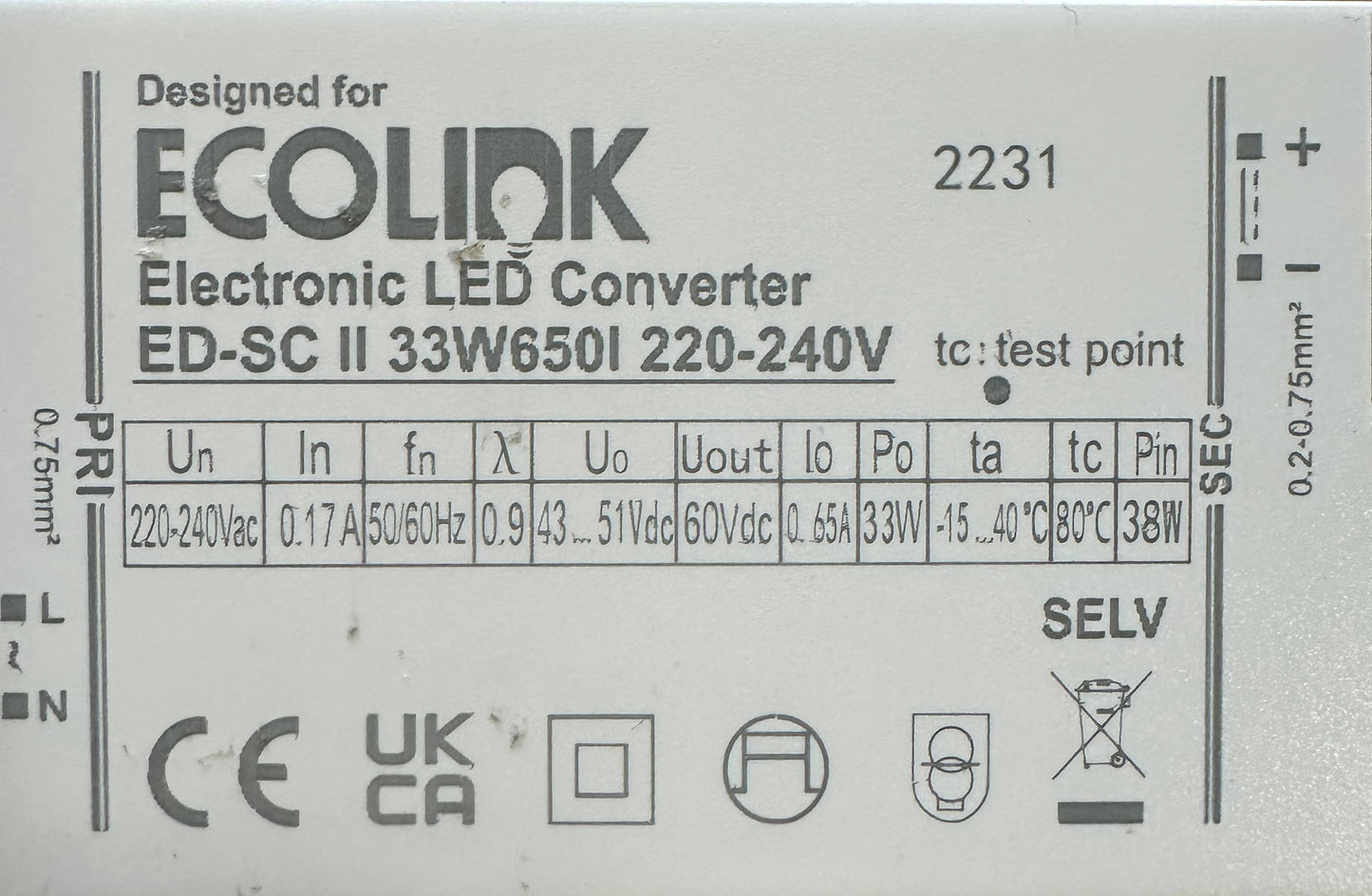 ECOLINK ED-SC II 33W650I 33W 43-51V 650mA LED Driver - LED Retro