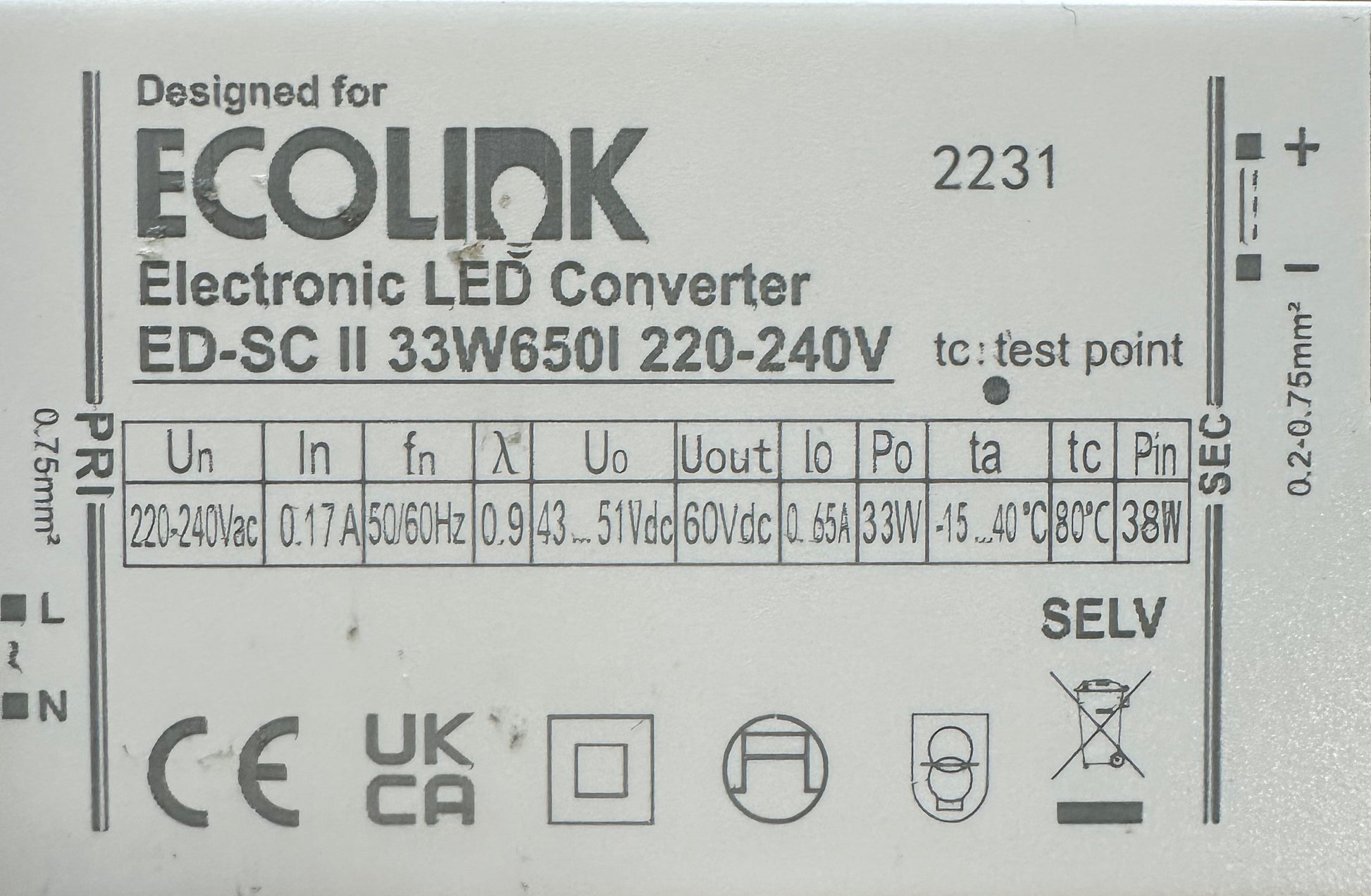 ECOLINK ED-SC II 33W650I 33W 43-51V 650mA LED Driver - LED Retro
