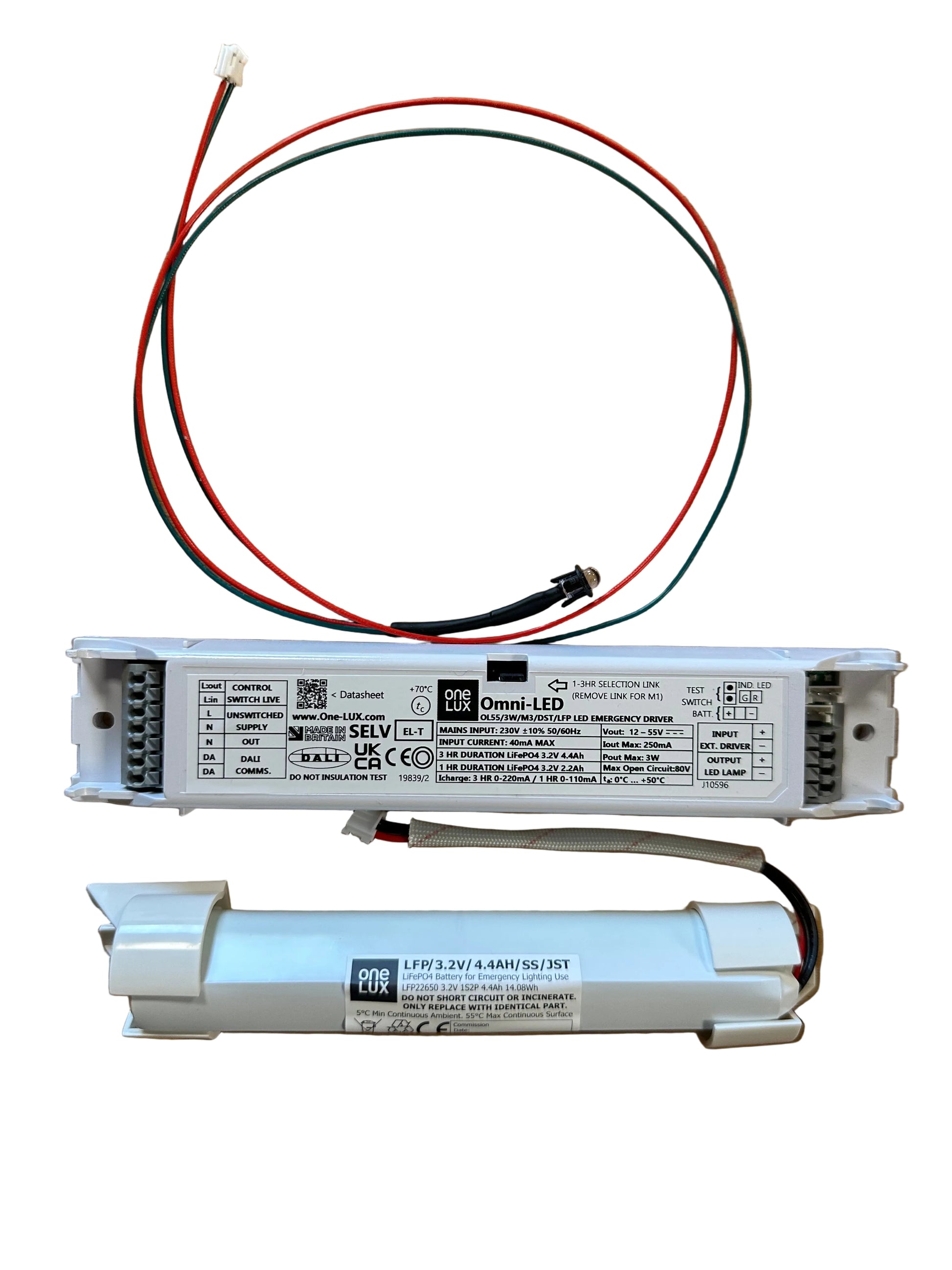 One-Lux OL55/3W/M3/LFP/SS/DST 12-55V 3W DALI/Self-Test LED EM Kit c/w 3.2V 4.4Ah LiFePO4 Battery - LED Retro