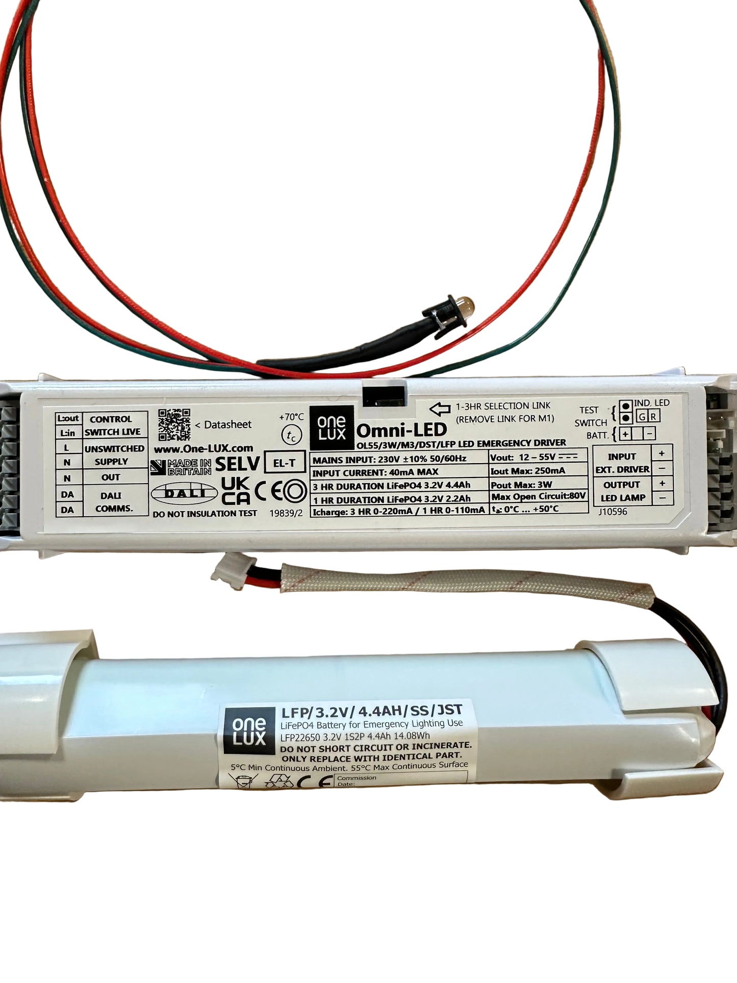 One-Lux OL55/3W/M3/LFP/SS/DST 12-55V 3W DALI/Self-Test LED EM Kit c/w 3.2V 4.4Ah LiFePO4 Battery - LED Retro