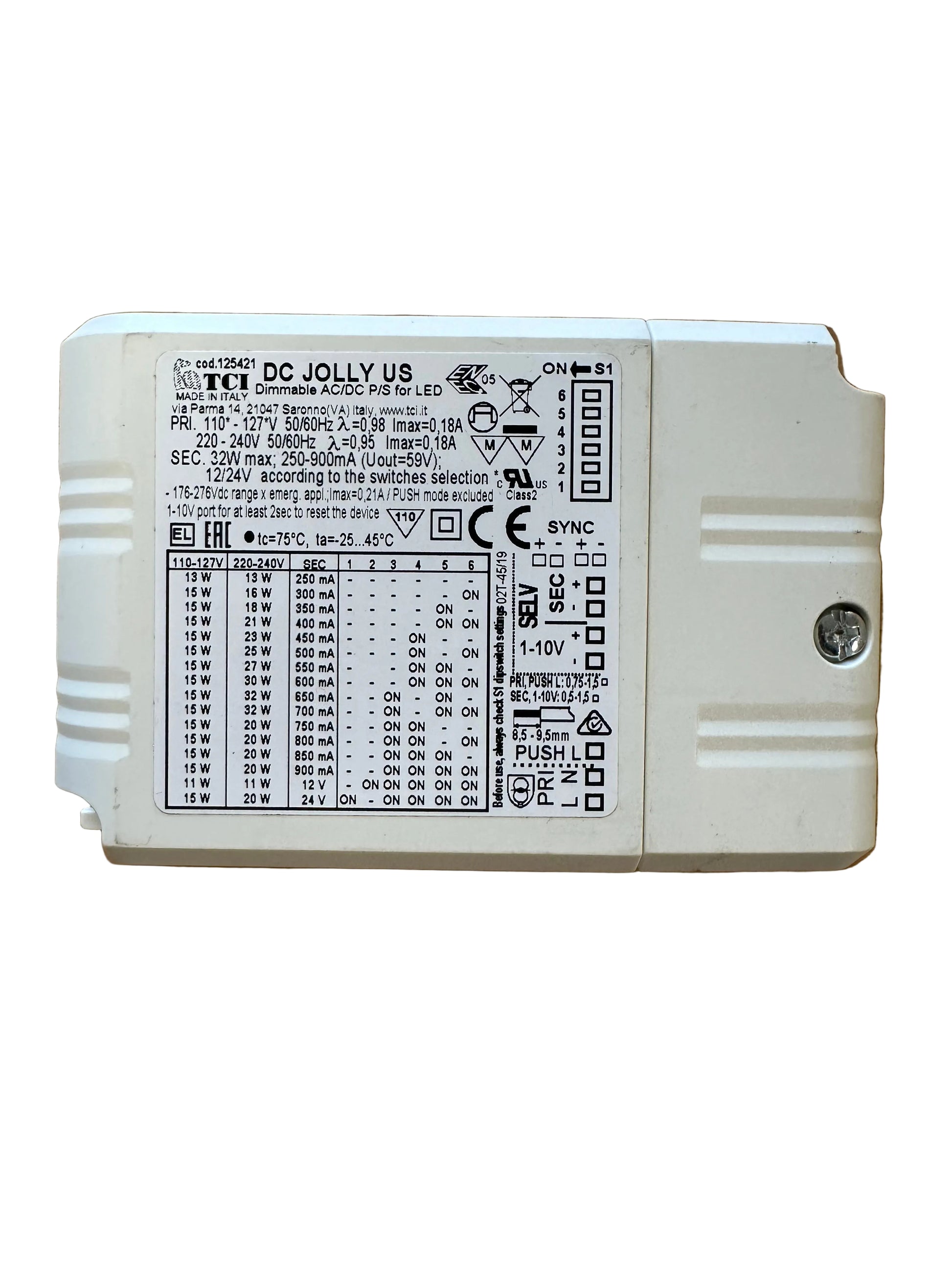 TCI 125421 DC JOLLY US - 13-32W 250-900mA - 0-10V - Push - Dimmable LED Driver - LED Retro