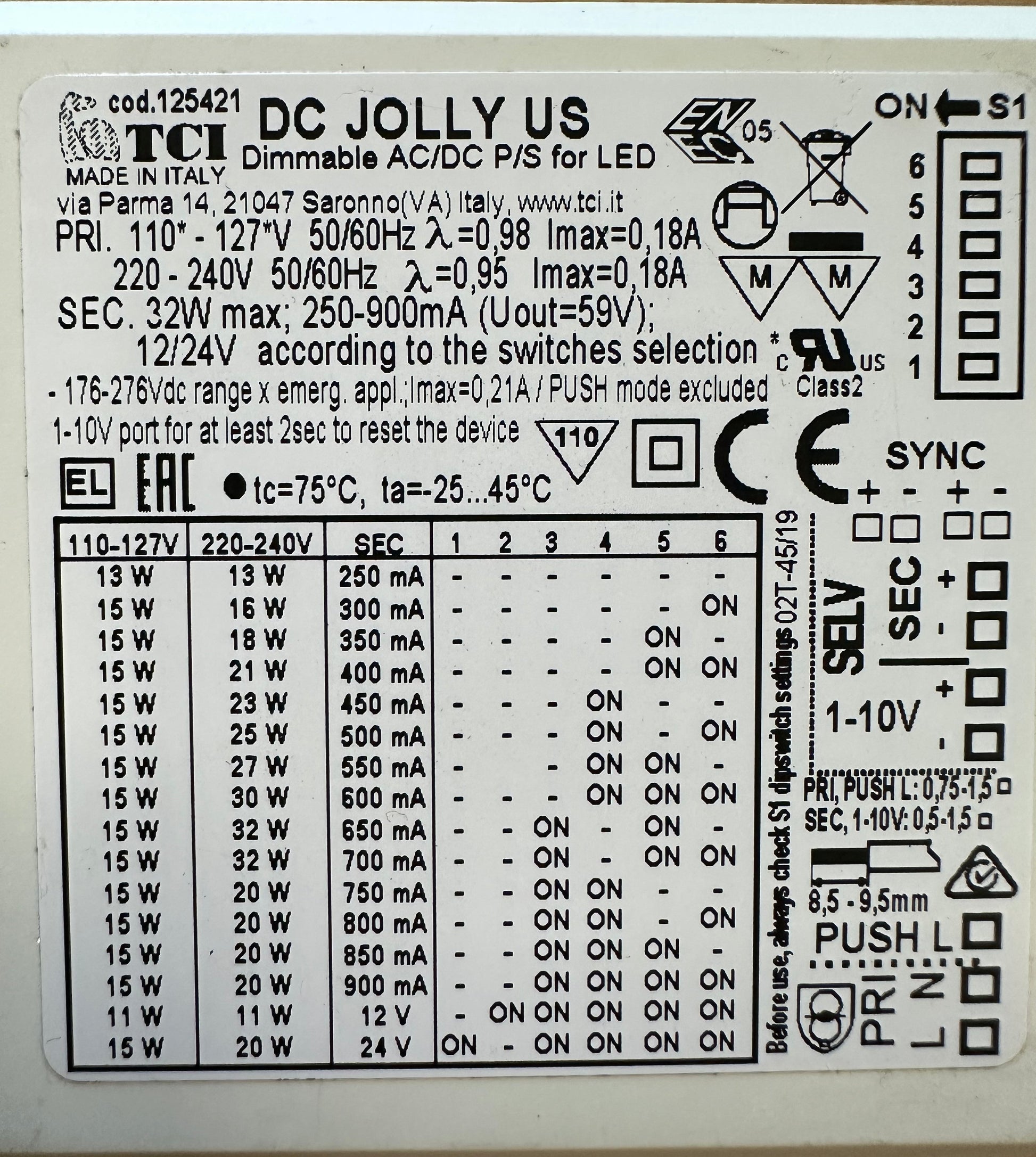 TCI 125421 DC JOLLY US - 13-32W 250-900mA - 0-10V - Push - Dimmable LED Driver - LED Retro