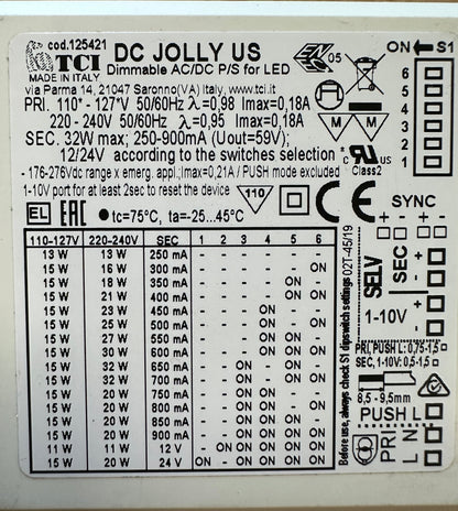 TCI 125421 DC JOLLY US - 13-32W 250-900mA - 0-10V - Push - Dimmable LED Driver - LED Retro