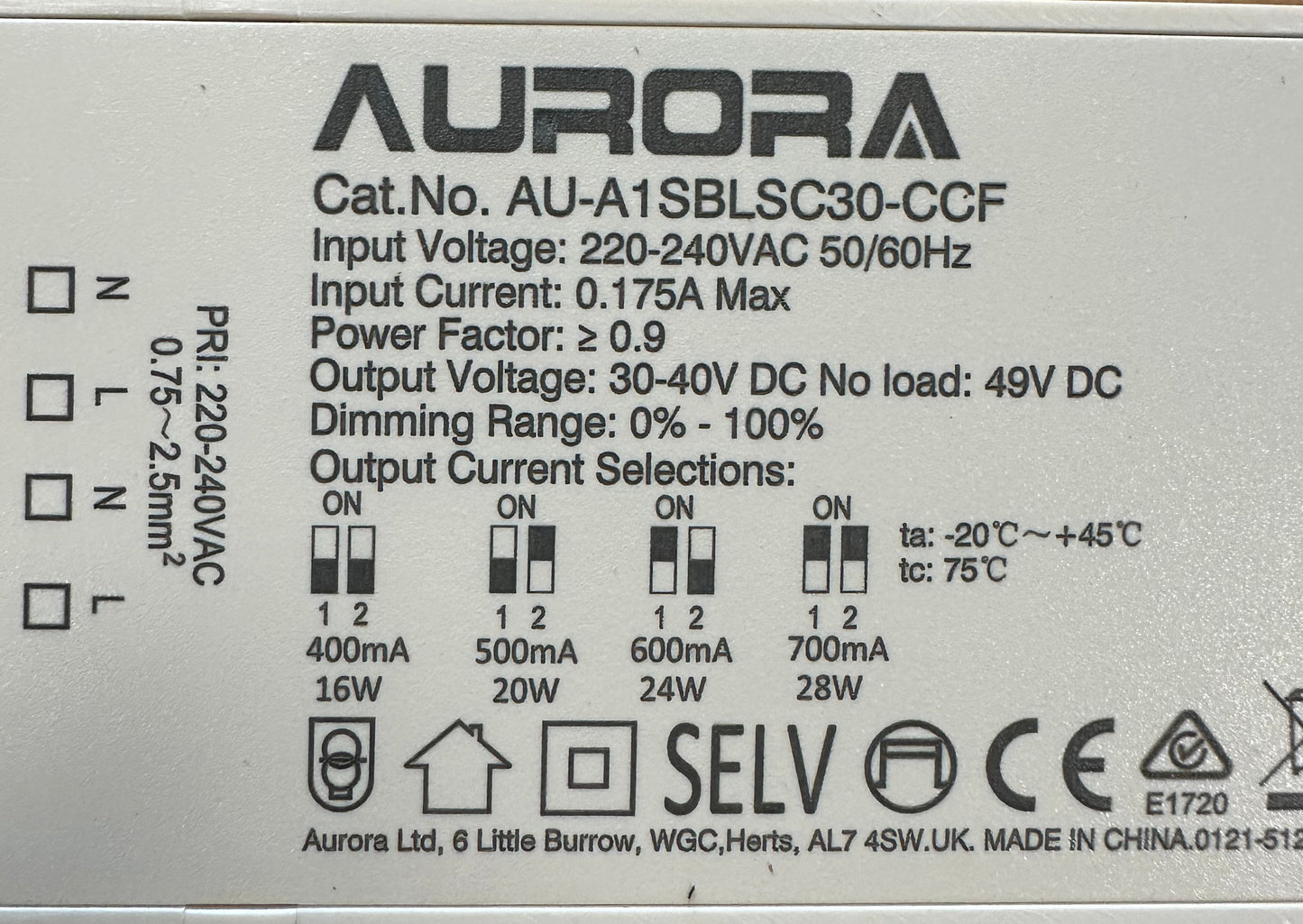 Aurora AU-A1SBLSC30-CCF 400-500-600-700mA 30-40V Aone 30W Smart LED Driver - LED Retro