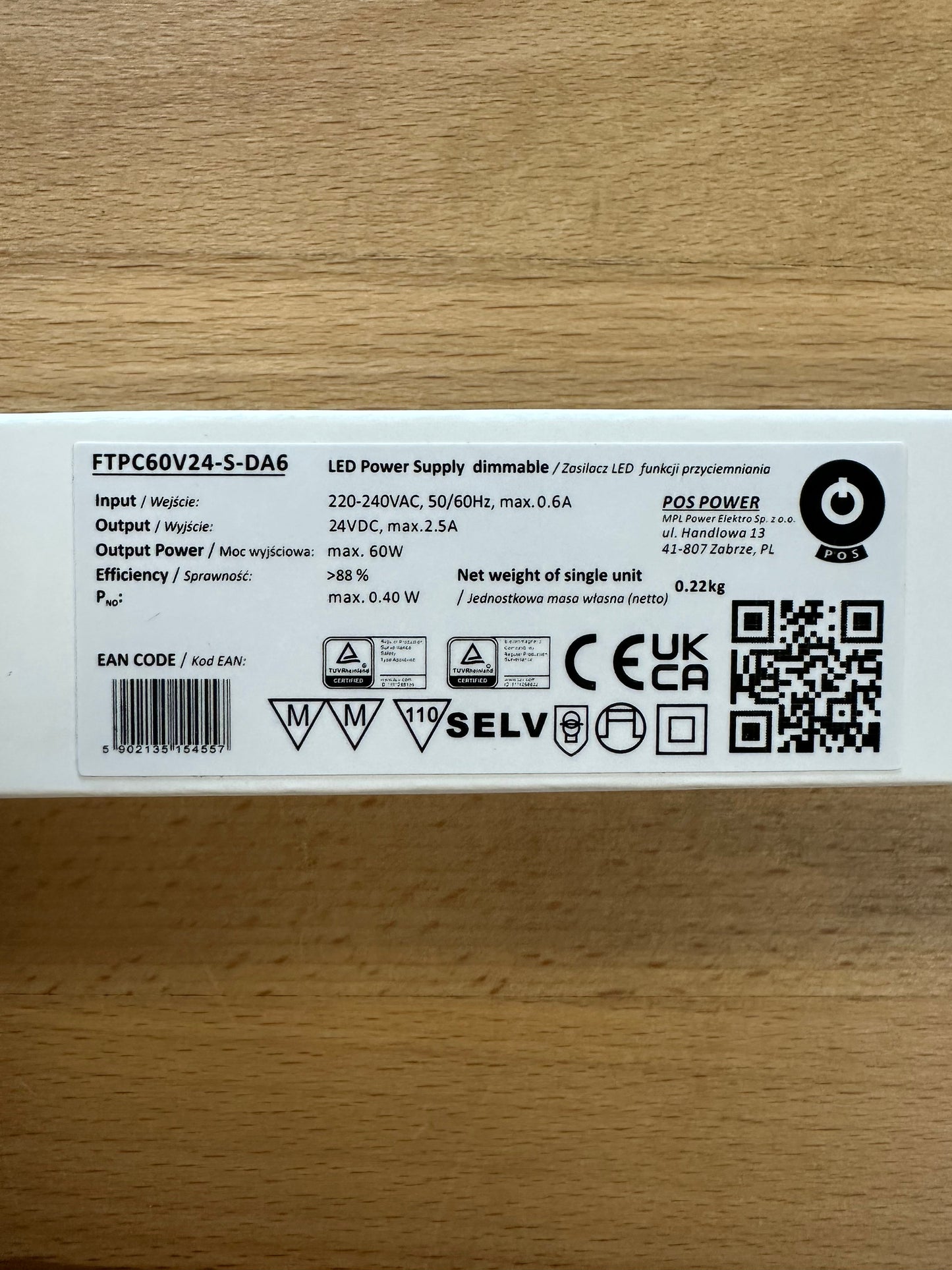 POS Power FTPC60V24-S-DA 60W 24V/2.5A DALI-2 - Push Dimming - Slim LED Driver