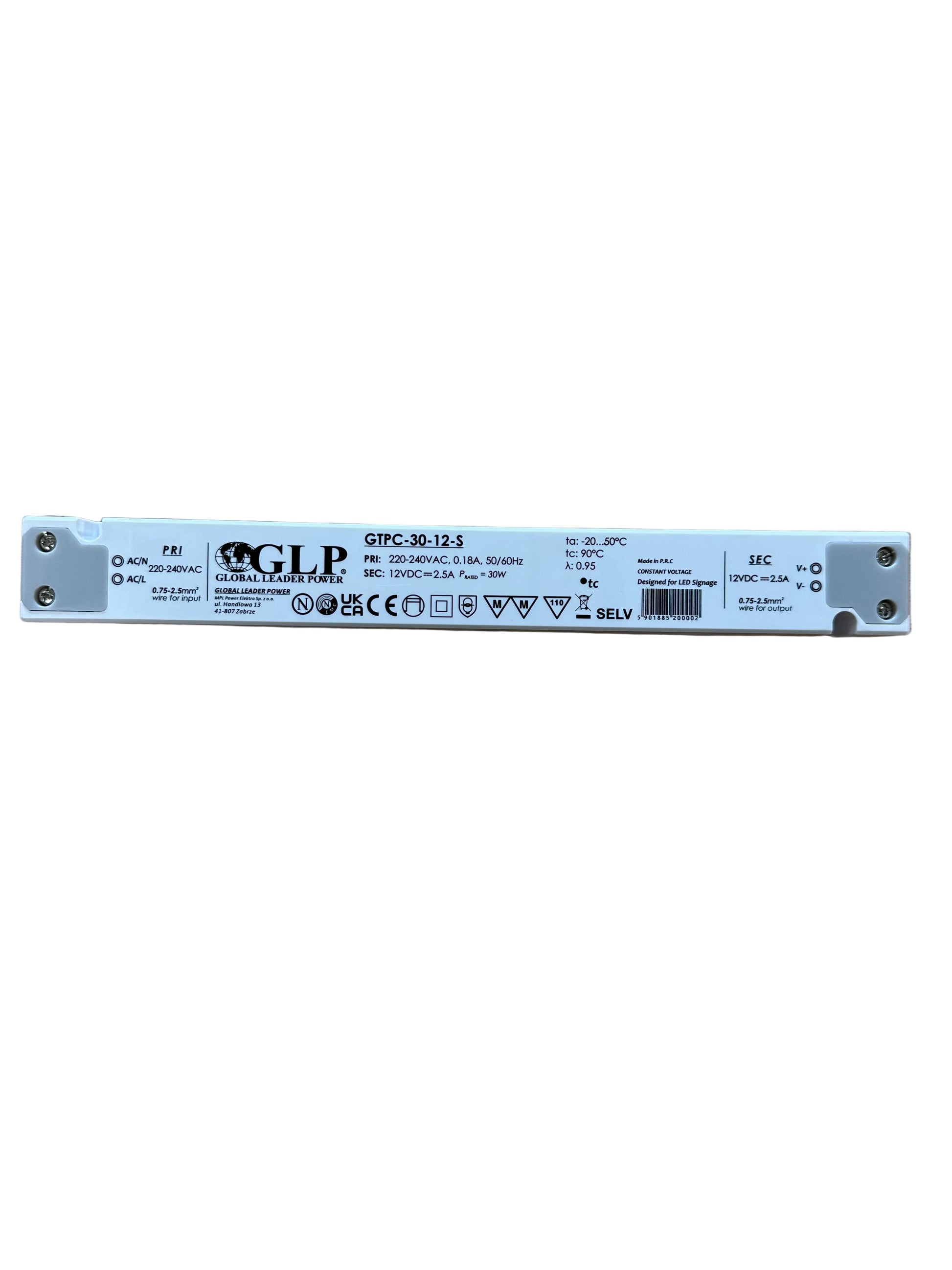 GLP GTPC-30-12-S 30W 12V/2.5A CV IP20 Slim LED Power Supply - LED Retro