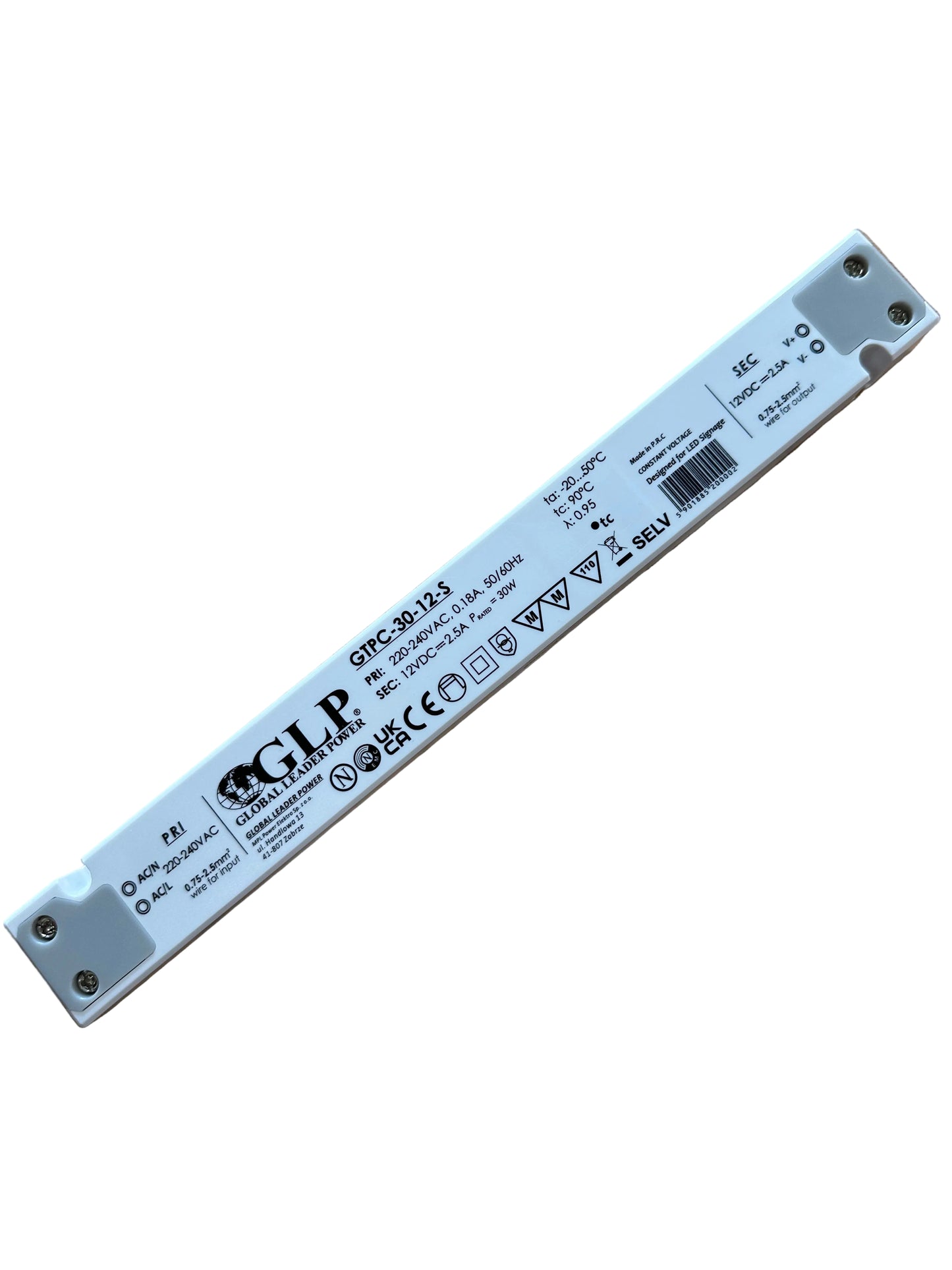 GLP GTPC-30-12-S 30W 12V/2.5A CV IP20 Slim LED Power Supply - LED Retro
