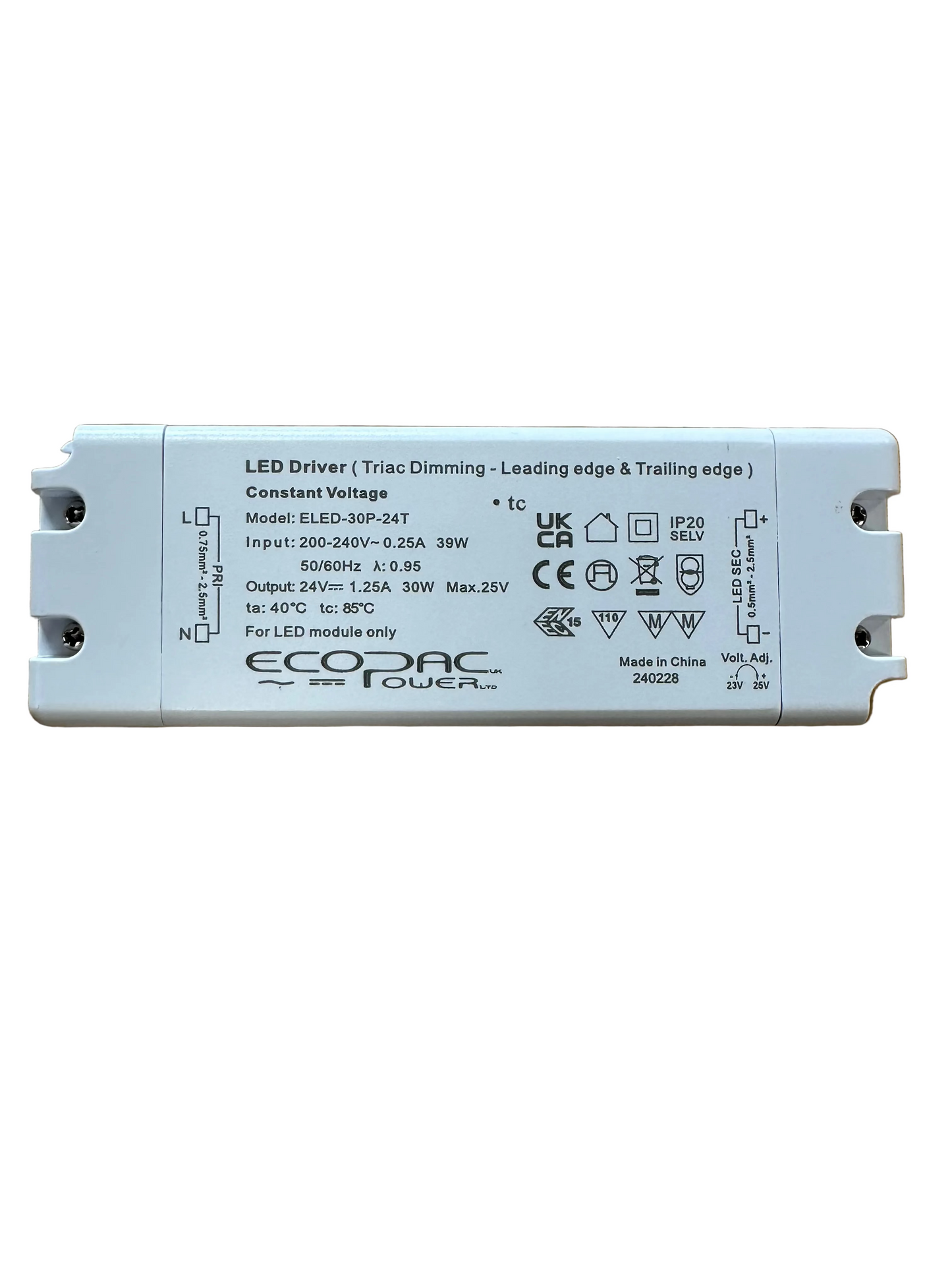 Ecopac ELED-30P-24T 30W 1.25A 24V Triac Dimmable LED Driver - LED Retro