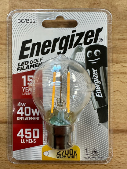 Energizer LED Filament Golf B22 (BC) 470lm 4W 2,700K (Warm White) Bulb - LED Retro