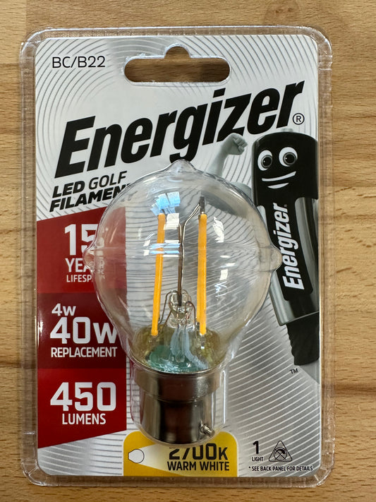 Energizer LED Filament Golf B22 (BC) 470lm 4W 2,700K (Warm White) Bulb - LED Retro
