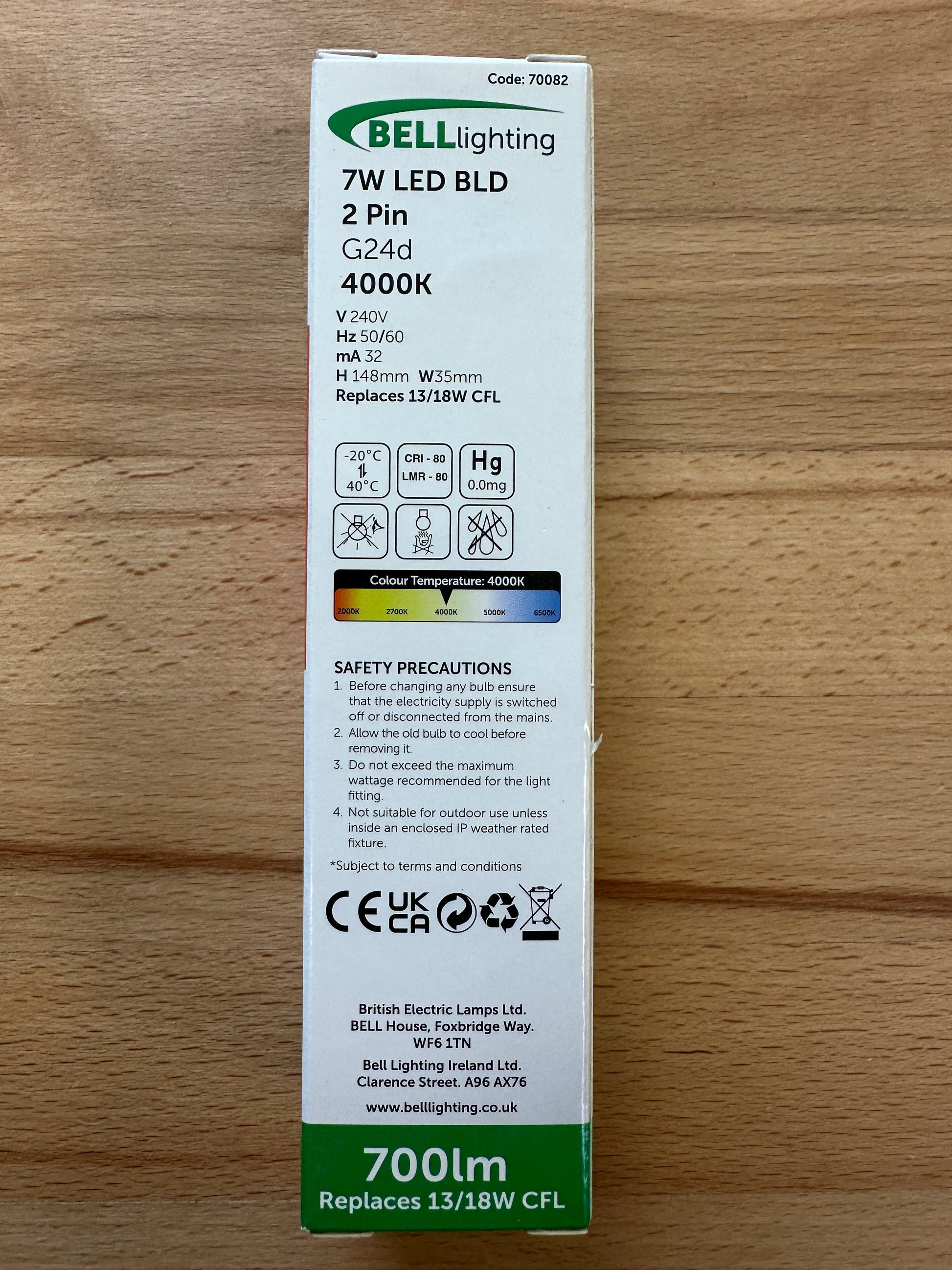 Bell LED 7W Thermoplastic BLD 2/4 Pin Bypass - 4000K - 70082 - LED Spares