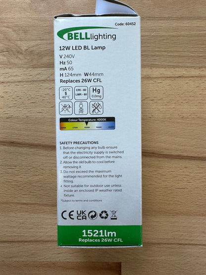 Bell LED 12W Glass Round BL - 2/4 Pin - G24d/Gx24q - 4000K - 60452 - LED Spares