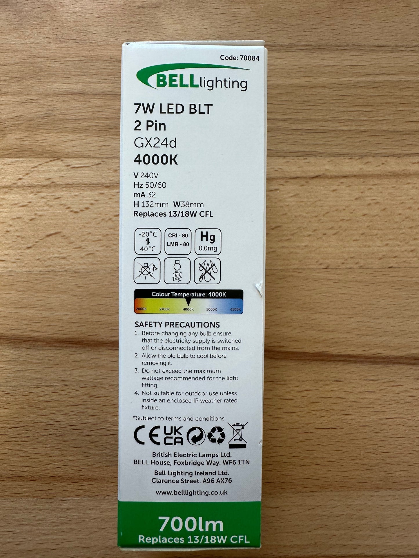 Bell LED 7W Thermoplastic BLD 2/4 Pin Bypass - 4000K - 70084 - LED Spares