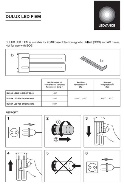 Ledvance 20W=36W DULUX F EM & AC Mains V 2G10 CFL 4 Pin Replacement Lamps Wiring - LED Retro