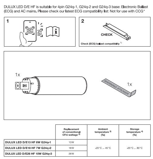 Ledvance 10W=26W DULUX LED HF & AC Mains V G24Q-2 18W CFL 4 Pin Replacement Lamps wiring - LED Retro