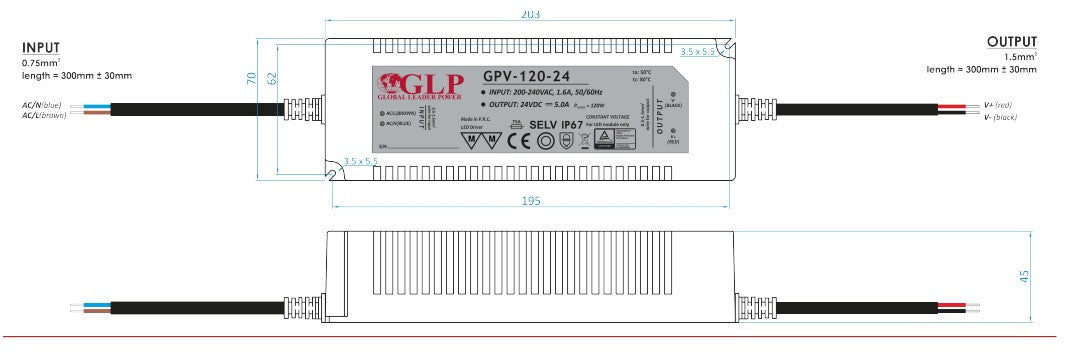 GLP GPV-120-24 120W 24V/5A CV IP67 LED Power Supply - LED Retro