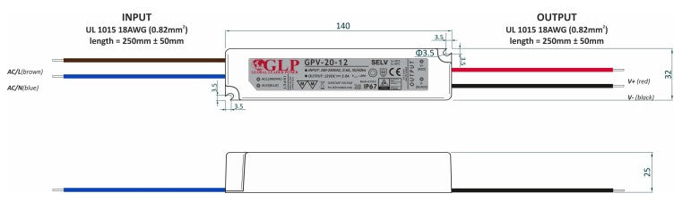 GLP GPV-20-24 24W 12V/1A IP67 LED Power Supply - LED Retro