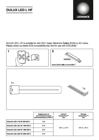 Ledvance 18W=36/40W 4PIN PLL DULUX LED L36 HF & AC Mains V 2G11 36/40W Replacement Lamps Wiring - LED Retro