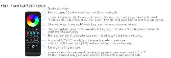 Skydance RS4 2.4G Wireless 4 Zone RGB/RGBW RF Remote Control, Operates with WT5 Controller - LED Retro